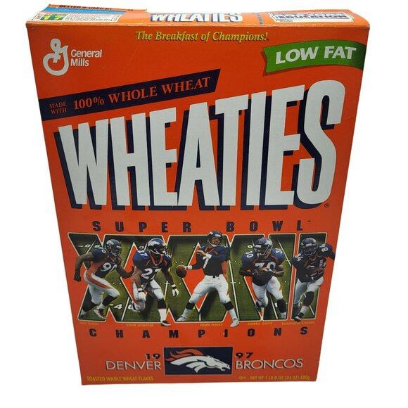 1997 Wheaties Denver Broncos Super Bowl XXXII 32 Champions Cereal Box John Elway - Picture 1 of 9